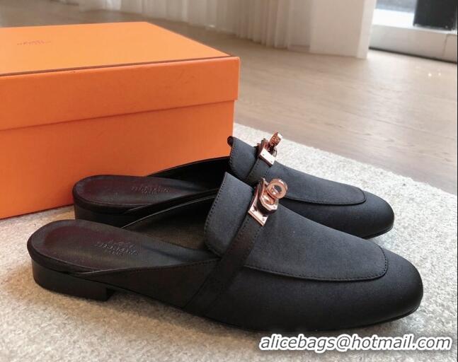 Stylish Hermes Oz Flat Mules in Satin Black 815041