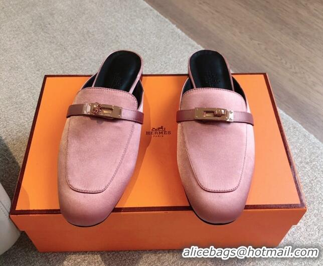 Top Grade Hermes Oz Flat Mules in Satin Pink 815042