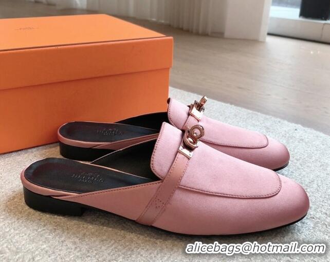 Top Grade Hermes Oz Flat Mules in Satin Pink 815042