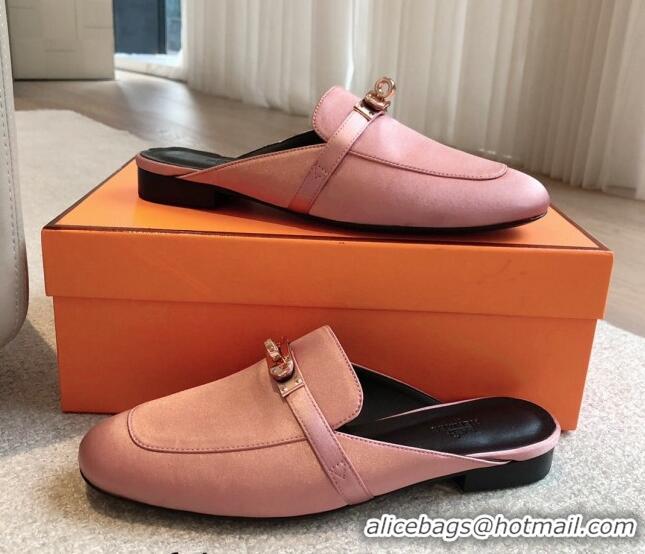 Top Grade Hermes Oz Flat Mules in Satin Pink 815042