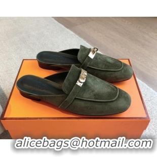 Perfect Hermes Oz Flat Mules in Suede Dark Green 815043