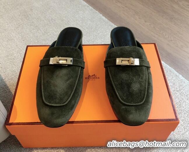 Perfect Hermes Oz Flat Mules in Suede Dark Green 815043