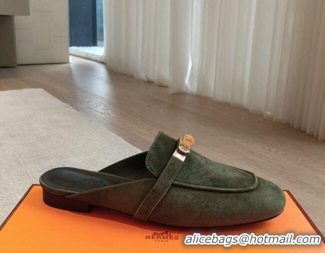 Perfect Hermes Oz Flat Mules in Suede Dark Green 815043