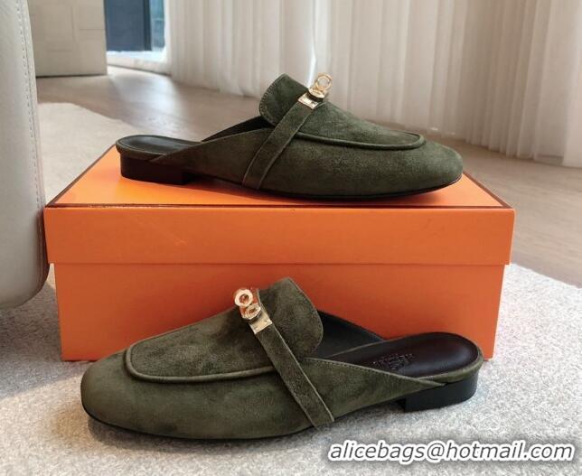 Perfect Hermes Oz Flat Mules in Suede Dark Green 815043