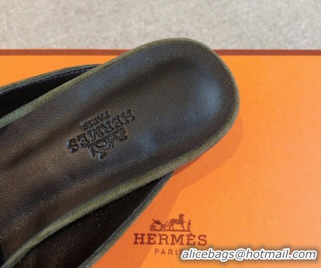 Perfect Hermes Oz Flat Mules in Suede Dark Green 815043