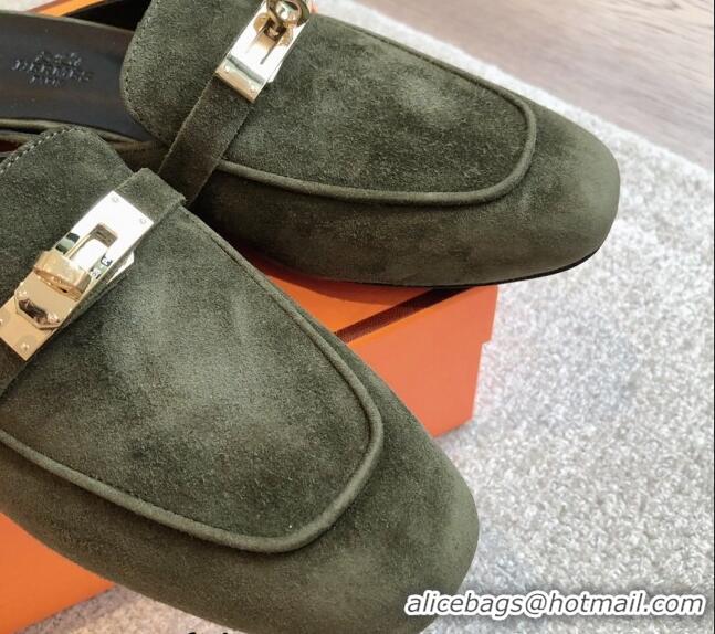 Perfect Hermes Oz Flat Mules in Suede Dark Green 815043