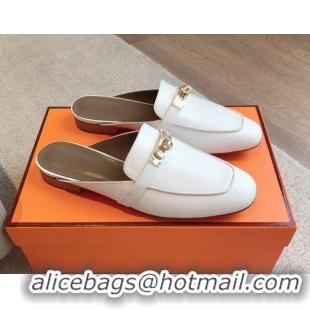 Unique Style Hermes Oz Flat Mules in Calfskin Leather White 815044