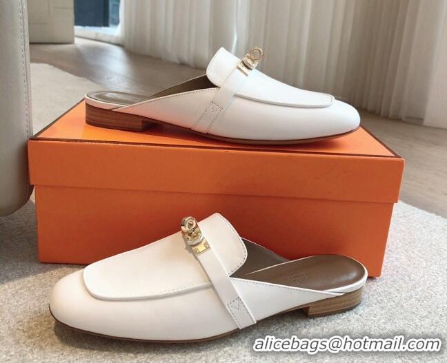 Unique Style Hermes Oz Flat Mules in Calfskin Leather White 815044