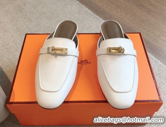 Unique Style Hermes Oz Flat Mules in Calfskin Leather White 815044