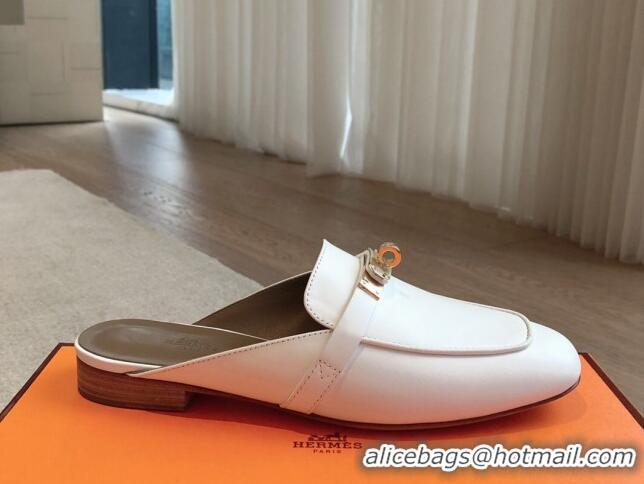 Unique Style Hermes Oz Flat Mules in Calfskin Leather White 815044