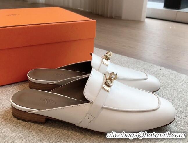 Unique Style Hermes Oz Flat Mules in Calfskin Leather White 815044