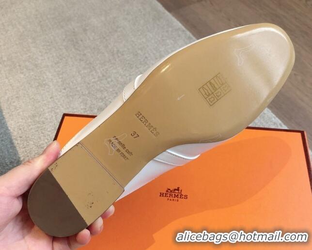 Unique Style Hermes Oz Flat Mules in Calfskin Leather White 815044