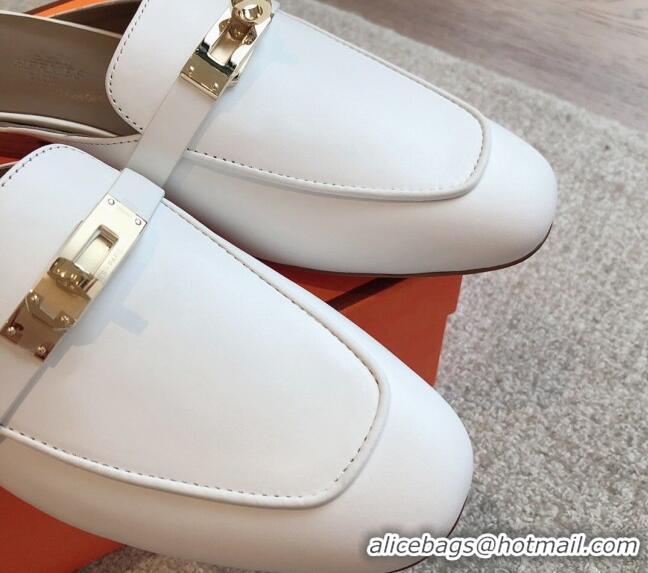 Unique Style Hermes Oz Flat Mules in Calfskin Leather White 815044