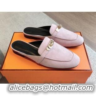 Sumptuous Hermes Oz Flat Mules in Suede Light Pink 815045