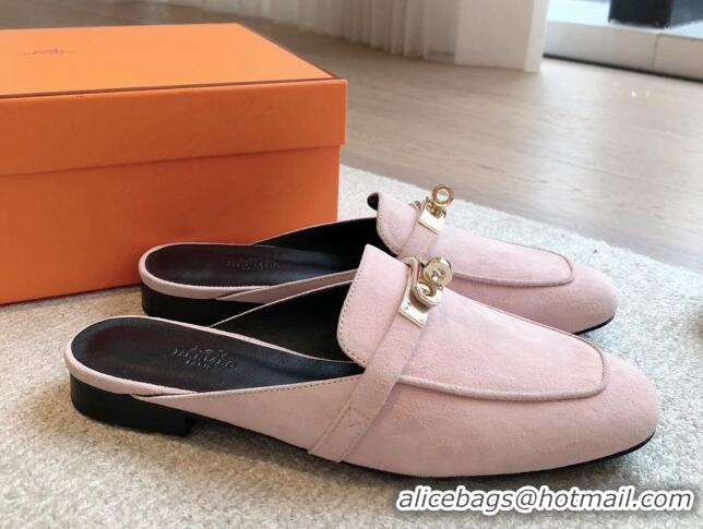 Sumptuous Hermes Oz Flat Mules in Suede Light Pink 815045