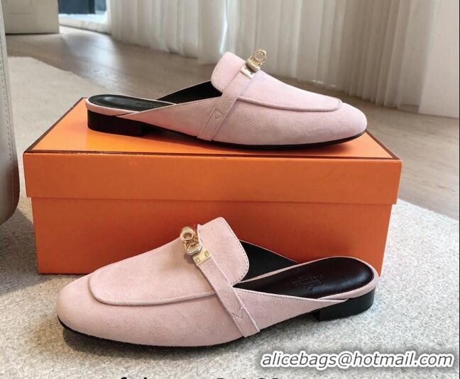 Sumptuous Hermes Oz Flat Mules in Suede Light Pink 815045