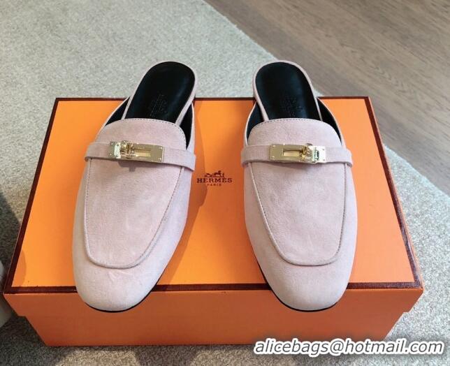 Sumptuous Hermes Oz Flat Mules in Suede Light Pink 815045