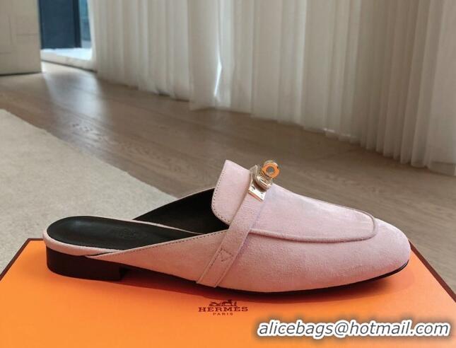 Sumptuous Hermes Oz Flat Mules in Suede Light Pink 815045