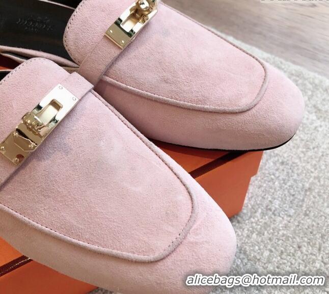 Sumptuous Hermes Oz Flat Mules in Suede Light Pink 815045