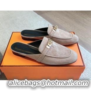 Good Looking Hermes Oz Flat Mules in Suede Grey 815046