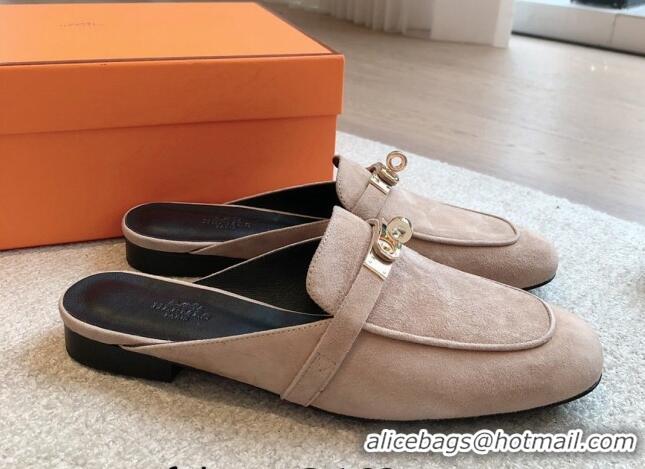 Good Looking Hermes Oz Flat Mules in Suede Grey 815046