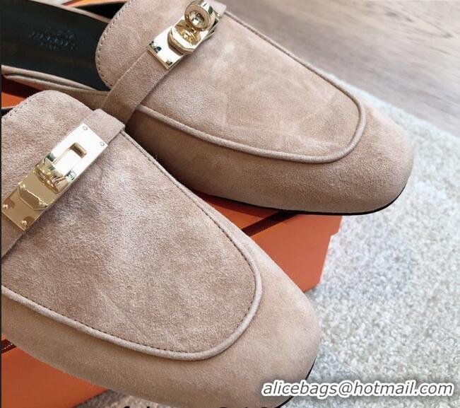 Good Looking Hermes Oz Flat Mules in Suede Grey 815046