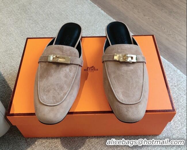 Good Looking Hermes Oz Flat Mules in Suede Grey 815046