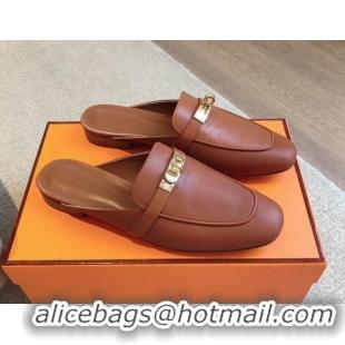 Good Quality Hermes Oz Flat Mules in Calfskin Leather Brown/Gold 815047