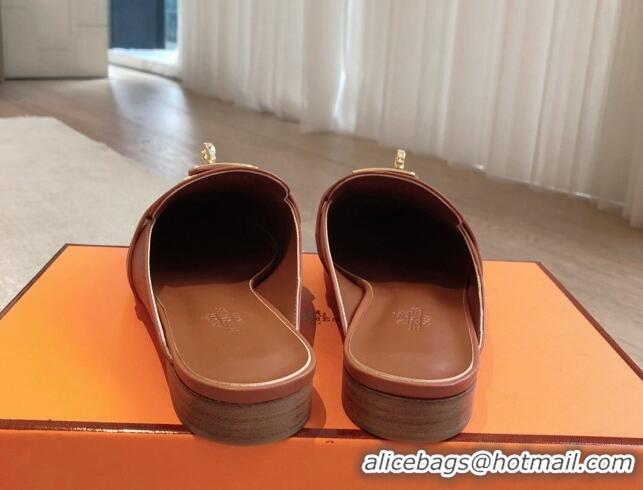 Good Quality Hermes Oz Flat Mules in Calfskin Leather Brown/Gold 815047