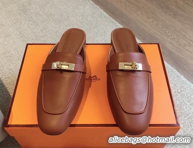 Good Quality Hermes Oz Flat Mules in Calfskin Leather Brown/Gold 815047