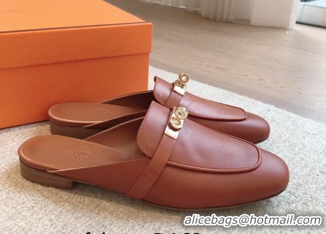 Good Quality Hermes Oz Flat Mules in Calfskin Leather Brown/Gold 815047