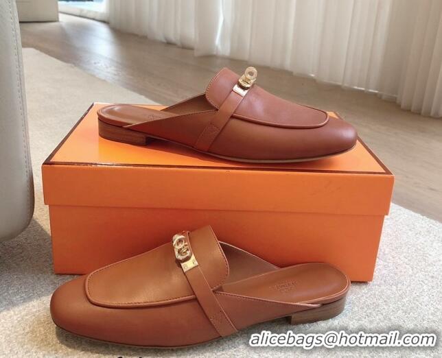 Good Quality Hermes Oz Flat Mules in Calfskin Leather Brown/Gold 815047