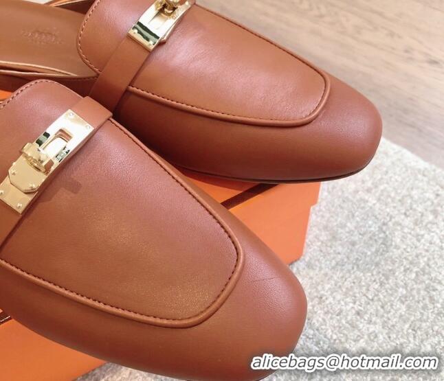 Good Quality Hermes Oz Flat Mules in Calfskin Leather Brown/Gold 815047