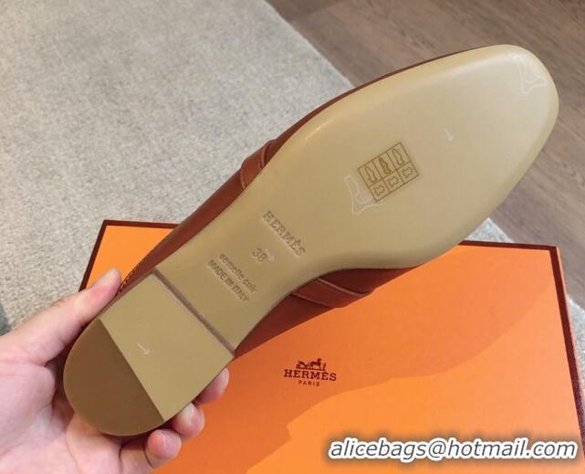 Good Quality Hermes Oz Flat Mules in Calfskin Leather Brown/Gold 815047