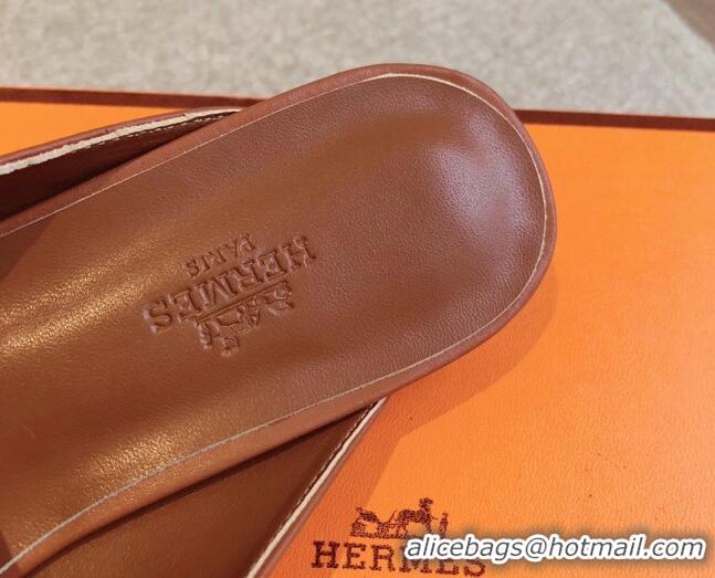 Good Quality Hermes Oz Flat Mules in Calfskin Leather Brown/Gold 815047