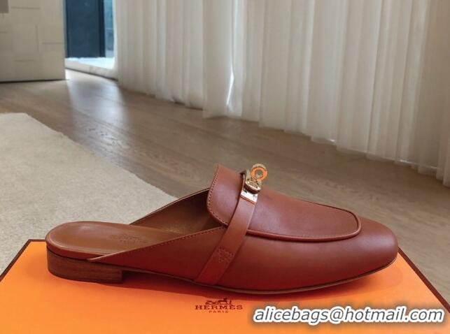 Good Quality Hermes Oz Flat Mules in Calfskin Leather Brown/Gold 815047