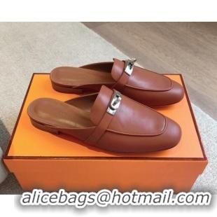 Grade Quality Hermes Oz Flat Mules in Calfskin Leather Brown/Silver 815048