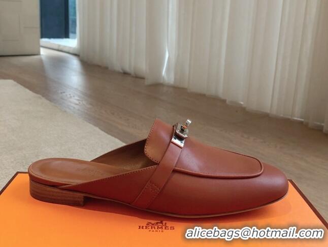 Grade Quality Hermes Oz Flat Mules in Calfskin Leather Brown/Silver 815048