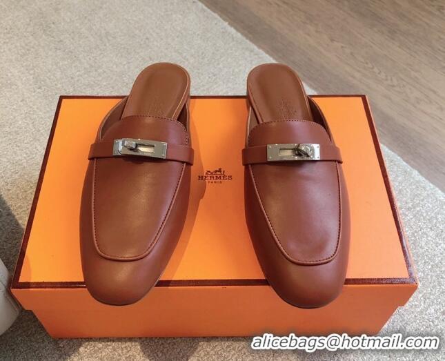 Grade Quality Hermes Oz Flat Mules in Calfskin Leather Brown/Silver 815048