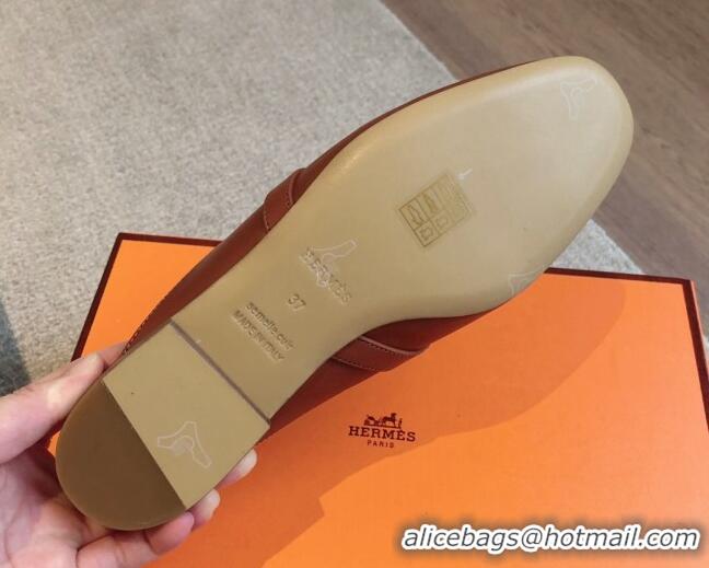 Grade Quality Hermes Oz Flat Mules in Calfskin Leather Brown/Silver 815048