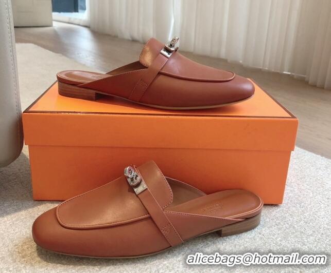 Grade Quality Hermes Oz Flat Mules in Calfskin Leather Brown/Silver 815048