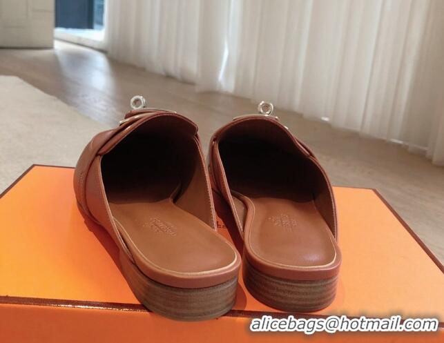 Grade Quality Hermes Oz Flat Mules in Calfskin Leather Brown/Silver 815048