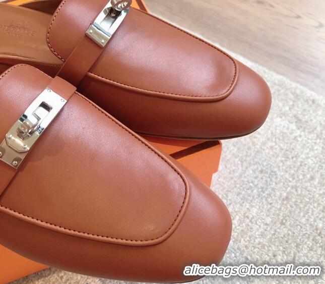 Grade Quality Hermes Oz Flat Mules in Calfskin Leather Brown/Silver 815048