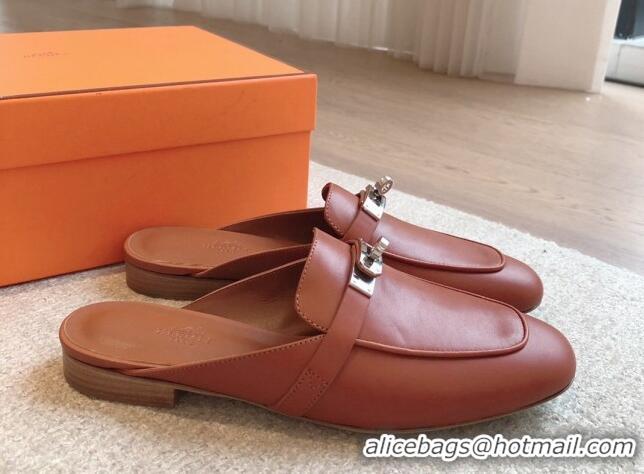 Grade Quality Hermes Oz Flat Mules in Calfskin Leather Brown/Silver 815048