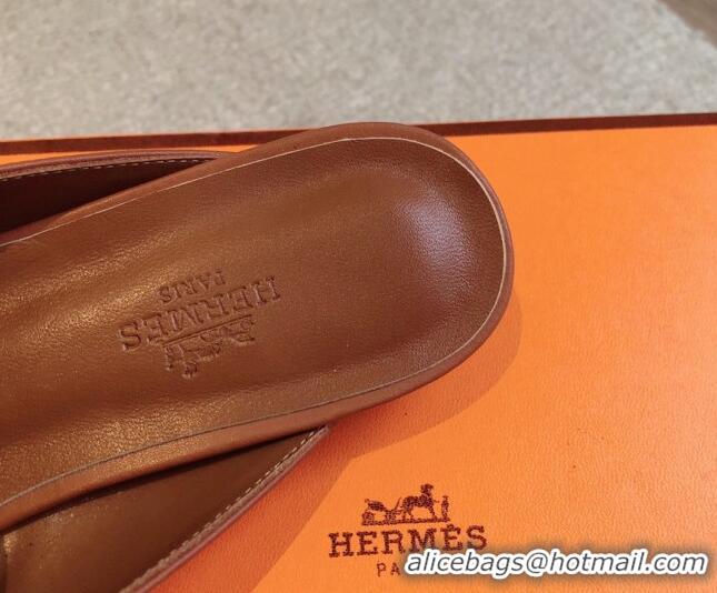 Grade Quality Hermes Oz Flat Mules in Calfskin Leather Brown/Silver 815048