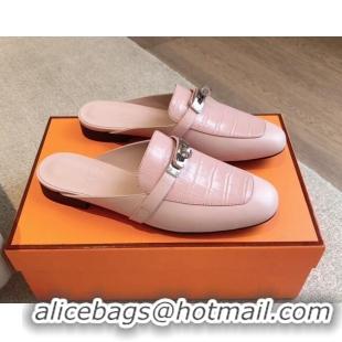 Best Grade Hermes Oz Flat Mules in Stone Embossed Leather Pink 815049