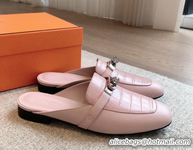 Best Grade Hermes Oz Flat Mules in Stone Embossed Leather Pink 815049