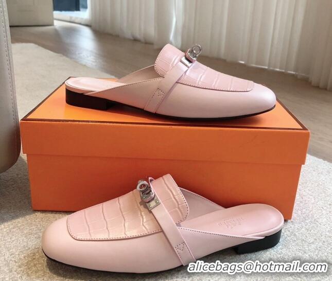 Best Grade Hermes Oz Flat Mules in Stone Embossed Leather Pink 815049