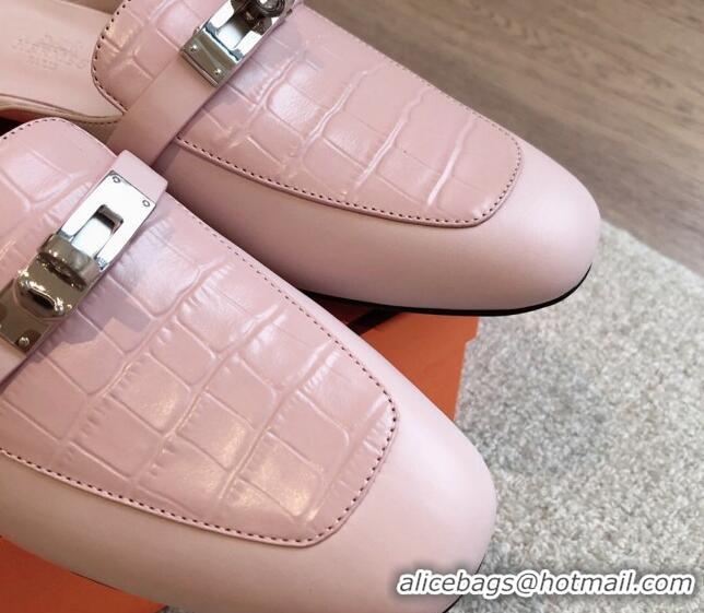 Best Grade Hermes Oz Flat Mules in Stone Embossed Leather Pink 815049