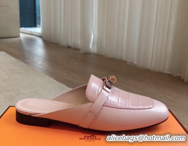 Best Grade Hermes Oz Flat Mules in Stone Embossed Leather Pink 815049